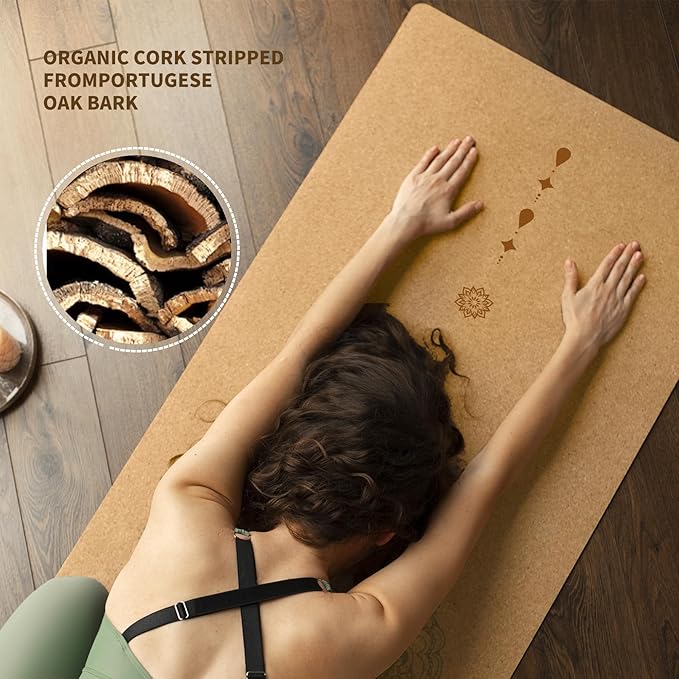 Cork Yoga Mat, with Cork Material as The Front and TPE as The Bottom of The Non-Slip Fitness Mat, Suitable for All Types of Yoga and Fitness Activities.