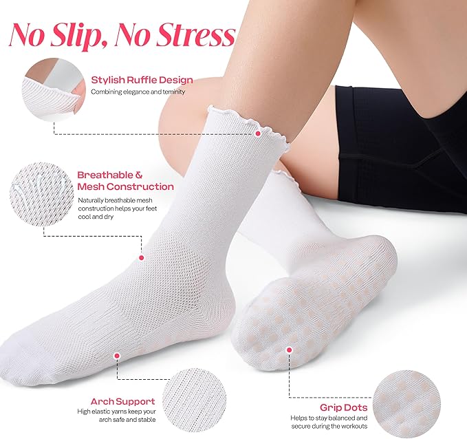 CoolMate Pilates Socks with Grips for Women, Yoga Socks, Crew Non Slip Women for Barre, Pilates Gifts for Women