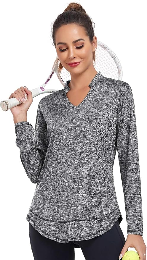 Absttith Women's Long Sleeve Workout Shirts Running Yoga Tops Athletic V Neck Sport Tee Side Split