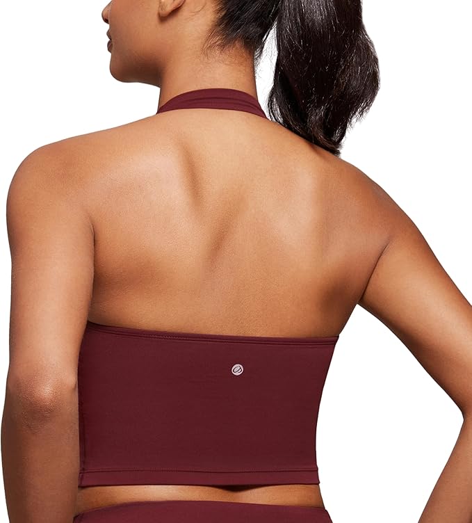 CRZ YOGA Butterluxe Halter Crop Tank Tops for Women - Open Back Padded Longline Sports Bras Workout Gym