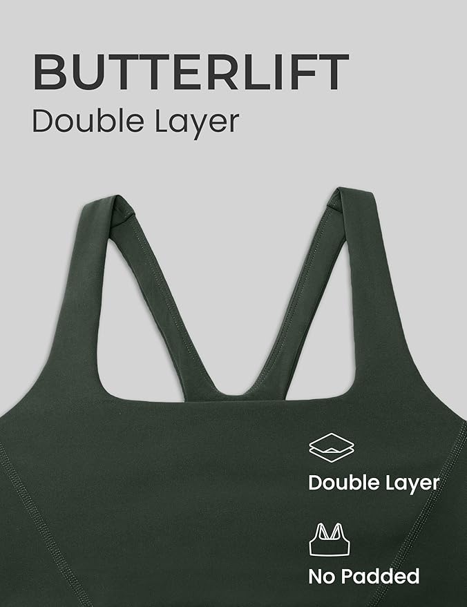 CRZ YOGA Butterlift Double Lined Square Neck Sports Bras for Women - Wireless V-Shaped Racerback Workout Yoga Top Non Padded