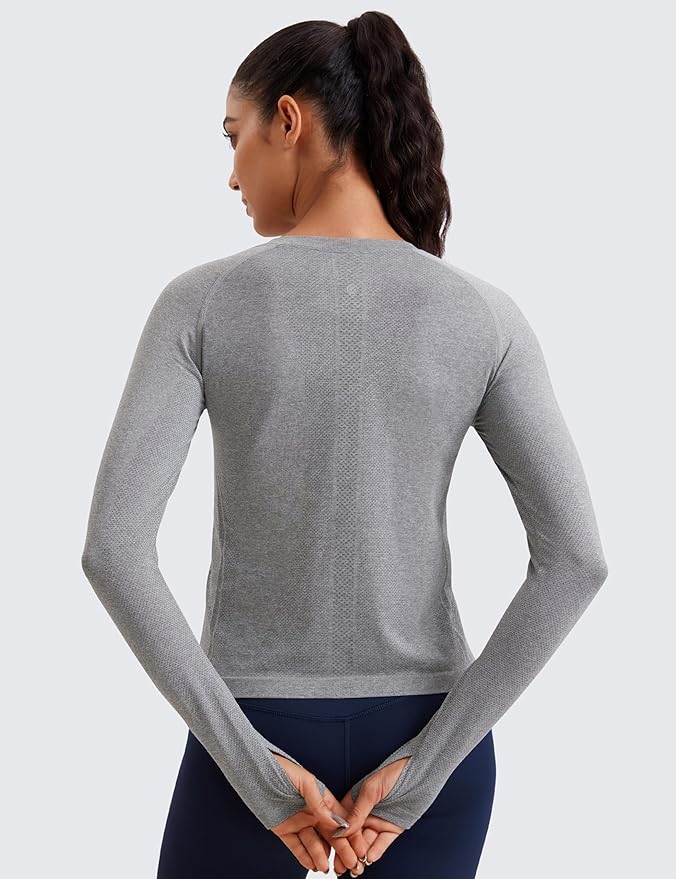 CRZ YOGA Seamless Long Sleeve Shirts for Women Waist Length - Workout Athletic Running Gym Yoga Tops Crewneck Breathable