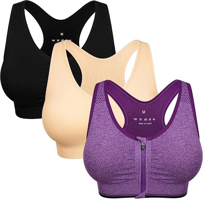 Women's Zip Front Sports Bra Wireless Post-Surgery Bra Active Yoga Sports Bras