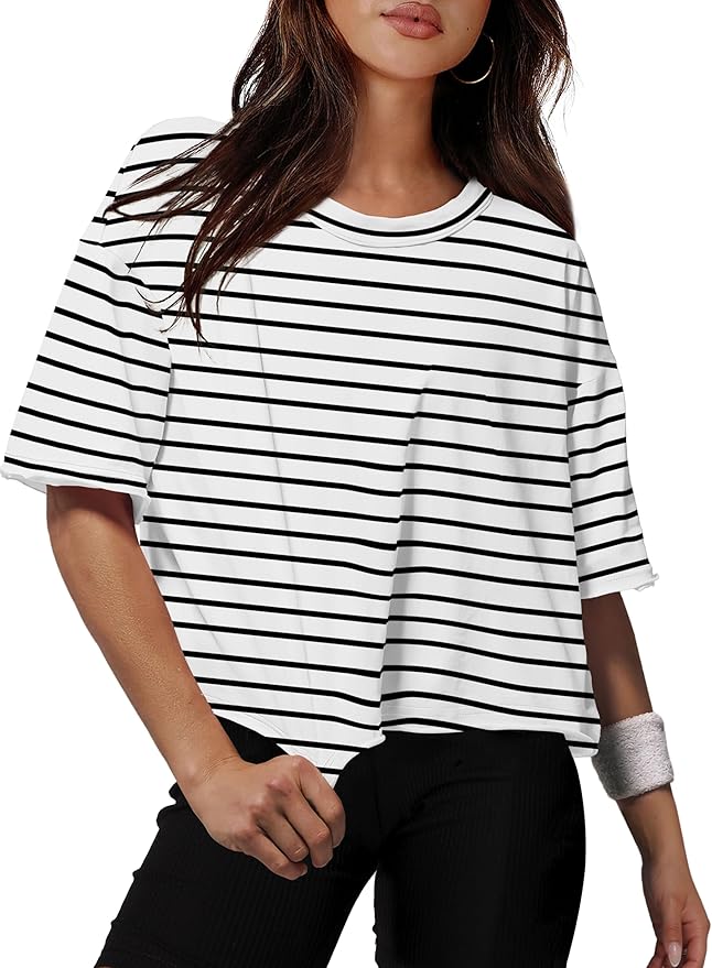 XIEERDUO Cotton Tshirts for Women Drop Shoulder Round Neck Oversized Crop Tops Workout Tops Tees