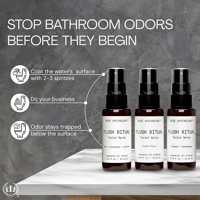 Muse Apothecary Flush Ritual - Aromatic & Refreshing Toilet Spray, Use Before You Go, Infused with Natural Essential Oils - Coconut + Sandalwood - Travel Size Mini Collection, 0.45 oz, 3 Pack