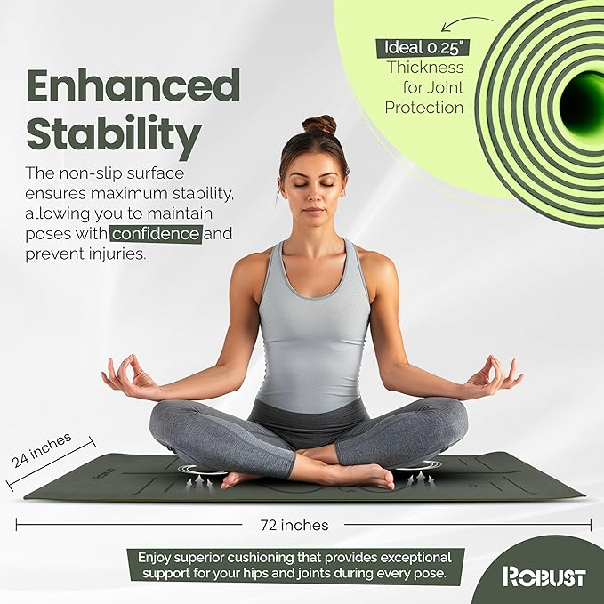 Robust Extra Thick Yoga Mat 1/4 & 1/3 & 2/5 Inch - Non Slip Exercise Mat with Alignment Lines, Carrying Strap, TPE Eco-Friendly Material for Knee Support, Sweat-Proof 72" x 24" for Women & Men