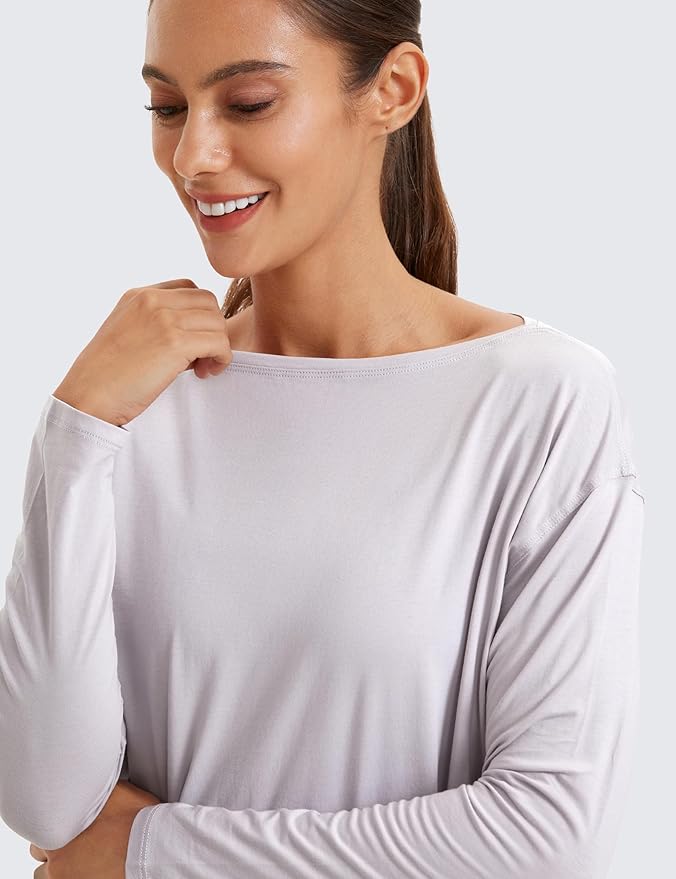 CRZ YOGA Pima Cotton Boat Neck Long Sleeve Shirts for Women - Workout Athletic Yoga Casual Tops Loose Fit Fall T-Shirts
