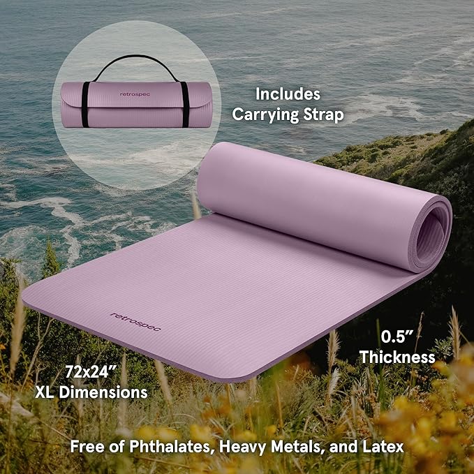 Retrospec Solana Yoga Mat Thick 1/2in Non-Slip Workout Mat with Nylon Strap - 72x24in Exercise Mat for Pilates, Stretching & Fitness - BPA Free, Easy Clean