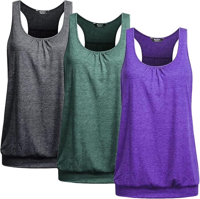 Beyove 3 Pack Banded Bottom Workout Tops for Women Tummy Flattering Yoga Tank Tops Plus Size Racerback Athletic Gym Shirts