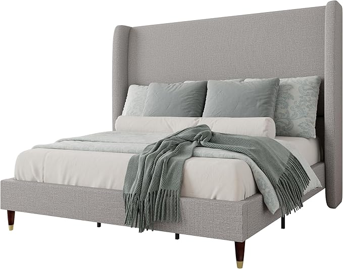 Jocisland Full Size Bed Frame 51.2" Wingback Headboard Linen Upholstered Platform Bed with Solid Wood Legs & Wooden Slats, No Box Spring Needed, Modern Minimalist Style, Easy Assembly, Light Gray