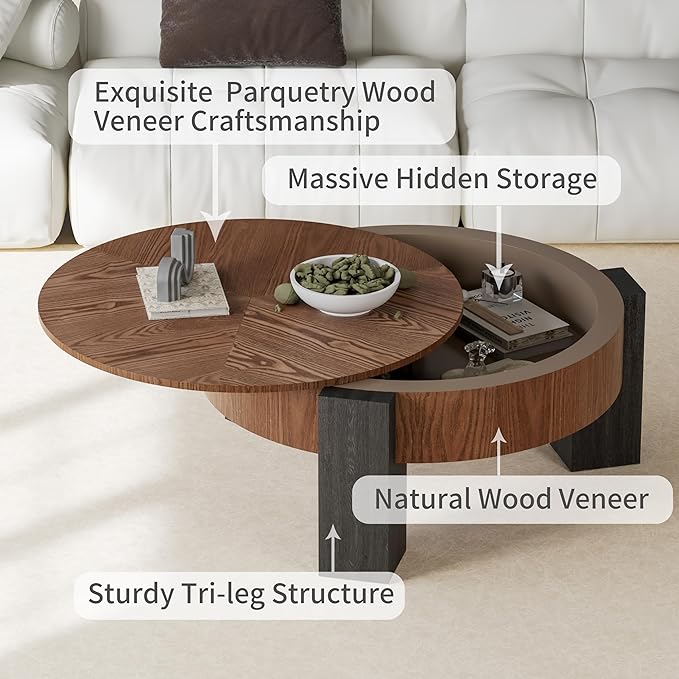 33'' Round Coffee Table with Hidden Storage, Modern Wood Veneer Top, 3 Block Legs Sturdy Center Accent Table for Living Room, Small Space, Walnut & Black