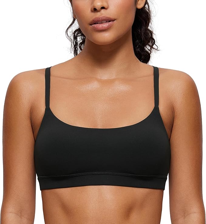 CRZ YOGA Butterluxe Adjustable Spaghetti Strap Sports Bras for Women - Scoop Neck Wireless Padded Yoga Workout Crop Top