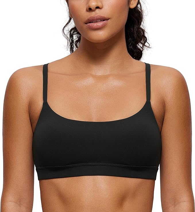 CRZ YOGA Butterluxe Adjustable Spaghetti Strap Sports Bras for Women - Scoop Neck Wireless Padded Yoga Workout Crop Top