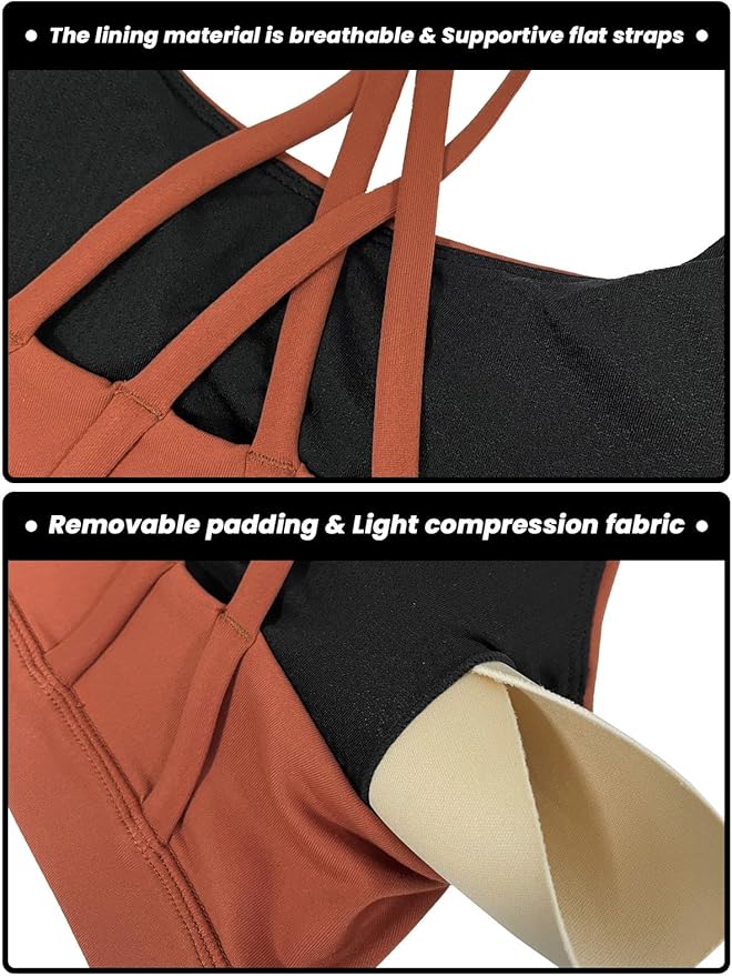 Women's Strappy Sports Bras Light Compression Crop Criss Cross Back Padded Workout Yoga Bra Supportive U Neckline