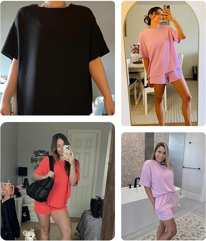 MARZXIN Women 2 Piece Shorts Set 2026 Casual Summer Cruise Outfits Ribbed Loose Short Sleeve Pocket Matching Lounge Sets