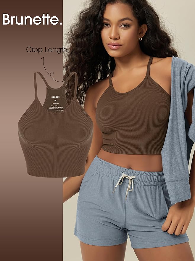 ODODOS Women's Crop 3-Pack Seamless Rib-Knit Camisole Crop Tank Tops