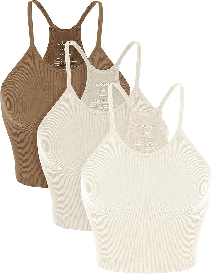 ODODOS Women's Crop 3-Pack Seamless Rib-Knit Camisole Crop Tank Tops