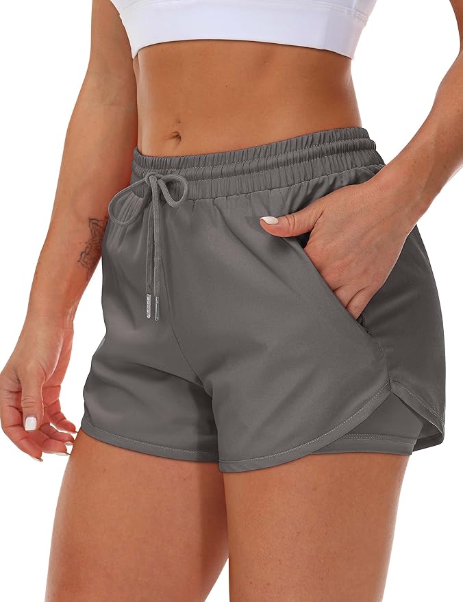 Mancreda Women's Running Shorts with Liner 3 Zipper Pockets Elastic Workout Athletic Gym Yoga Shorts