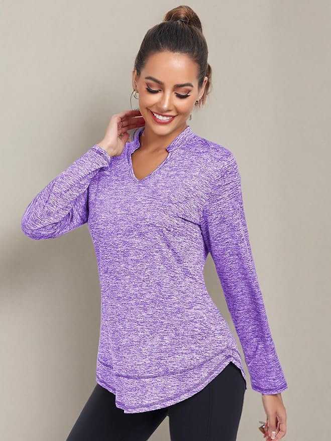 Absttith Women's Long Sleeve Workout Shirts Running Yoga Tops Athletic V Neck Sport Tee Side Split