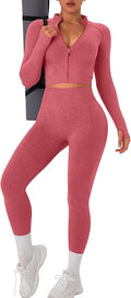 OLCHEE Womens Workout Sets 2 Piece Seamless Yoga Outfits Long Sleeve Zipper Jacket High Waist Leggings Butt Lifting Gym Set