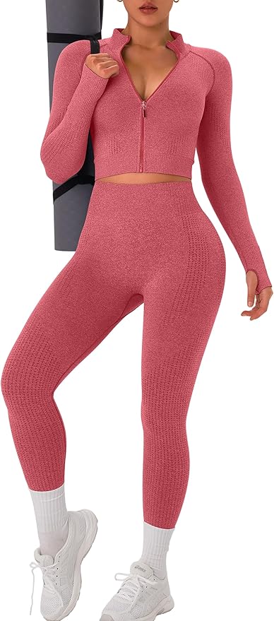 OLCHEE Womens Workout Sets 2 Piece Seamless Yoga Outfits Long Sleeve Zipper Jacket High Waist Leggings Butt Lifting Gym Set
