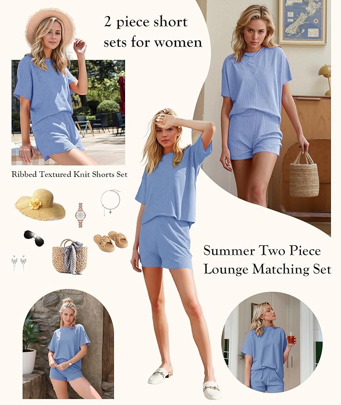 MARZXIN Women 2 Piece Shorts Set 2026 Casual Summer Cruise Outfits Ribbed Loose Short Sleeve Pocket Matching Lounge Sets