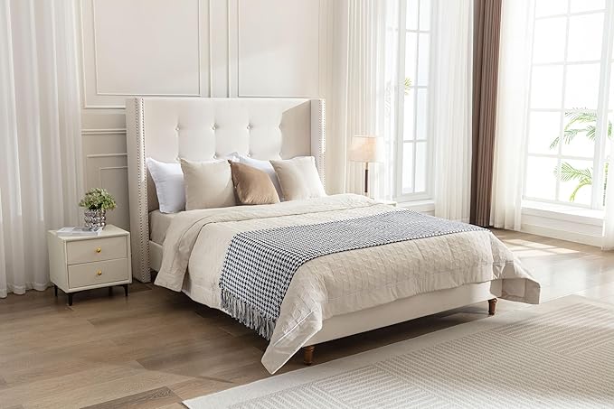 Upholstered Bed Frame, 54" Tall Headboard Wingback Upholstered Platform Bed Frame for Kids Teens Adults Bedroom Strong Wood Slats Support/No Box Spring Needed (Ivory Velvet, Queen)