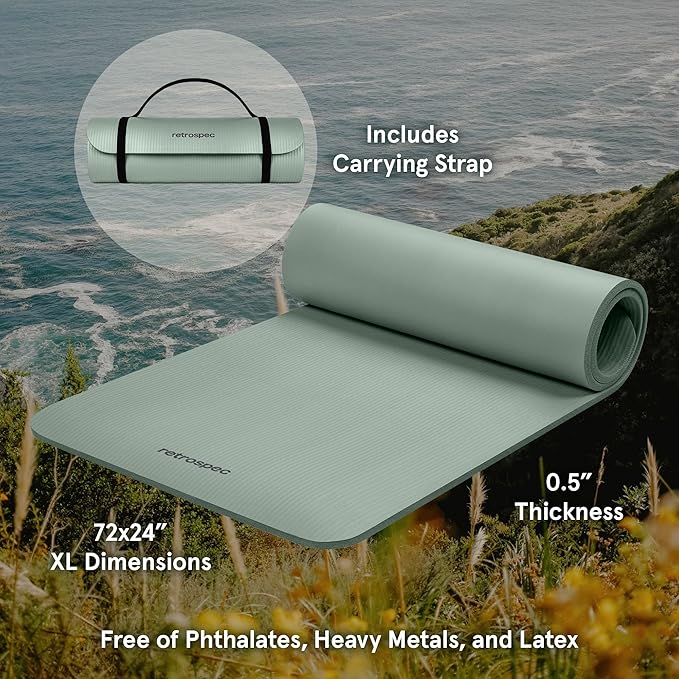 Retrospec Solana Yoga Mat Thick 1/2in Non-Slip Workout Mat with Nylon Strap - 72x24in Exercise Mat for Pilates, Stretching & Fitness - BPA Free, Easy Clean