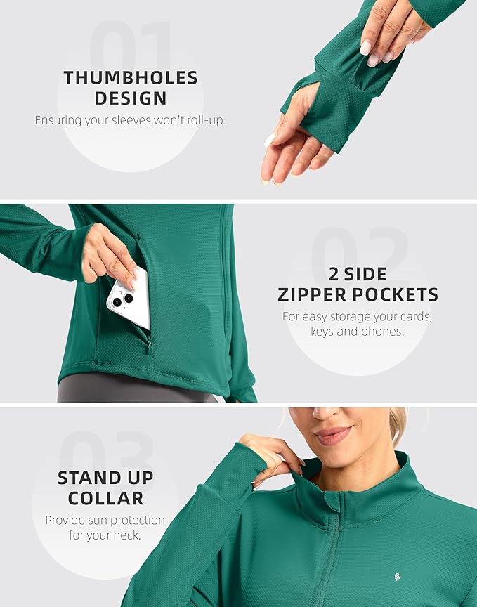 Soothfeel Women's UPF 50+ Lightweight Athletic Jackets Sun Protection Zip Up Long Sleeve Shirts Hiking Workout Outdoor Pocket