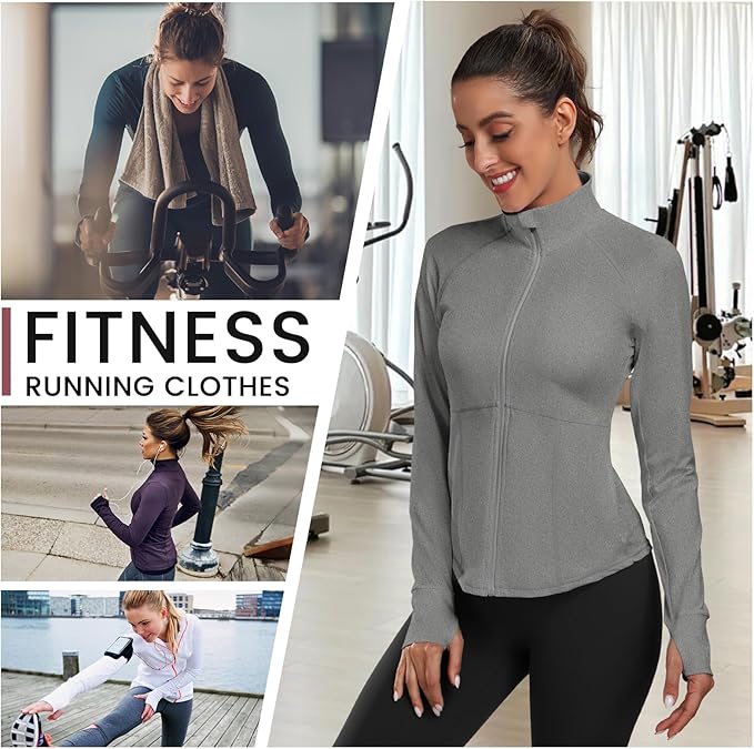 Women's Athletic Jackets Lightweight Sport Workout Jackets Zip Up Running Jackets with Thumb Holes for Gym Yoga
