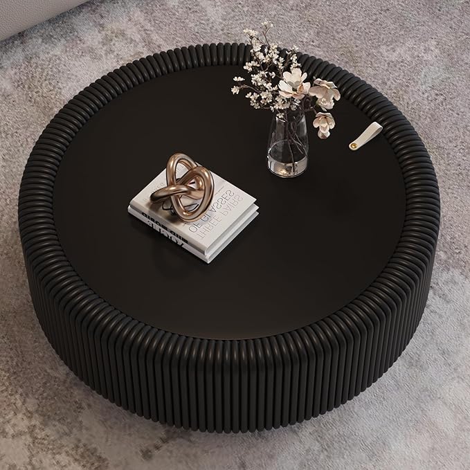 31.5" Black Round Coffee Table with Storage, Tempered Glass Top PU Leather Body & Baked Enamel Base, Modern Minimalist Fluted Circle Center Tables for or Living Room, Bedroom, Apartment