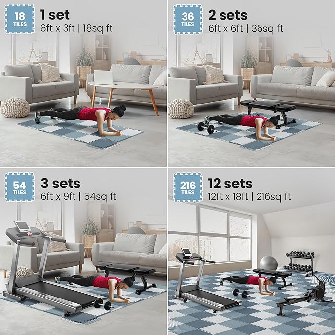 bemaxx Gym Mats Set - 18 pcs EVA Interlocking Foam Floor Tiles (12.6"x12.6"x0.4") 18sqft Protective Gym Flooring Sports Home Workout Exercise Mats Puzzle Garage Fitness Play-Room Pool Treadmill Bike