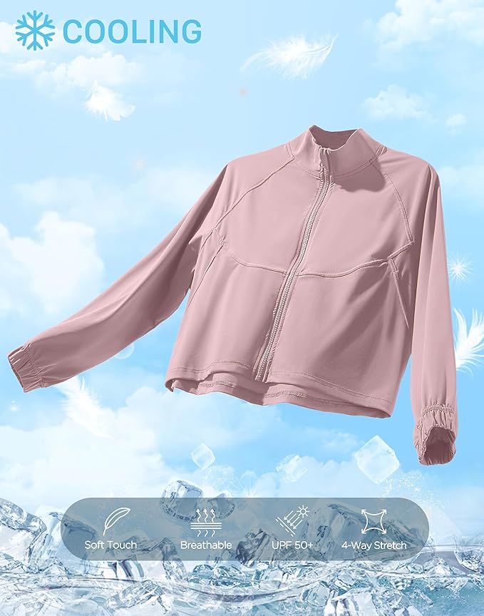 Soothfeel Women's Athletic workout Jacket Lightweight UPF 50+ Long Sleeve Sun Protection Shirts Zip Up Cropped Hiking Tops