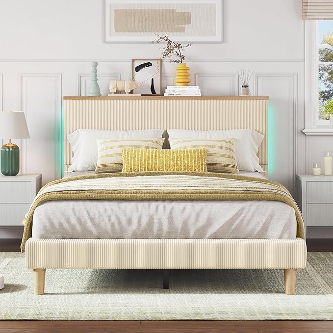 Bestier Queen Bed Frame with Adjustable Headboard & LEDLighting, Corduroy Upholstered Platform Bed Frame withStorage Shelf, Solid Wood Slats, No Box Spring Needed,Never Squeak, Easy Assembly, Beige