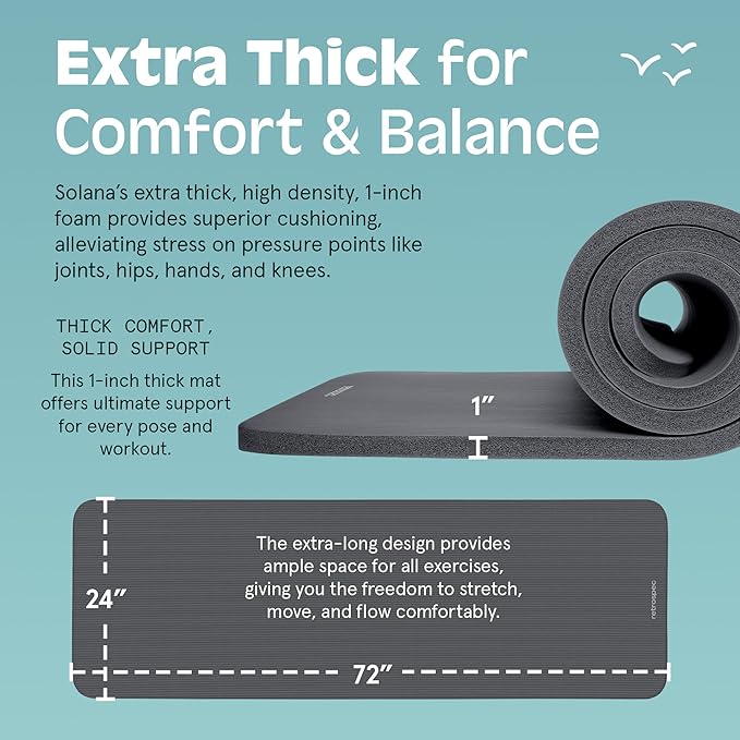 Retrospec Solana Yoga Mat 1" Thick w/Nylon Strap for Men & Women - Non Slip Exercise Mat for Home Yoga, Pilates, Stretching, Floor & Fitness Workouts