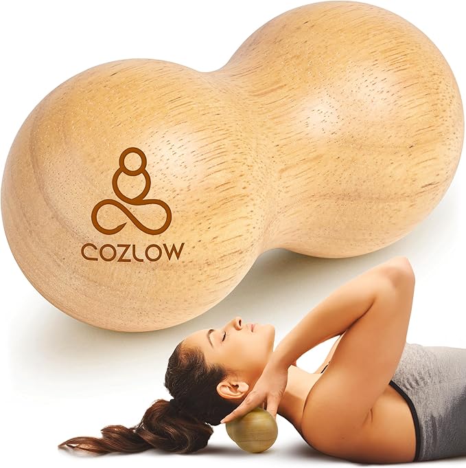 COZLOW Peanut Ball Massage Roller - Wood Therapy Massager - Double Lacrosse Ball Shaped Tool for Neck, Back, Spine, Feet Muscle Pain Relief - Wooden Mobility Device for Deep Tissue Recovery