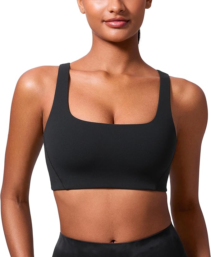 CRZ YOGA Butterlift Double Lined Square Neck Sports Bras for Women - Wireless V-Shaped Racerback Workout Yoga Top Non Padded