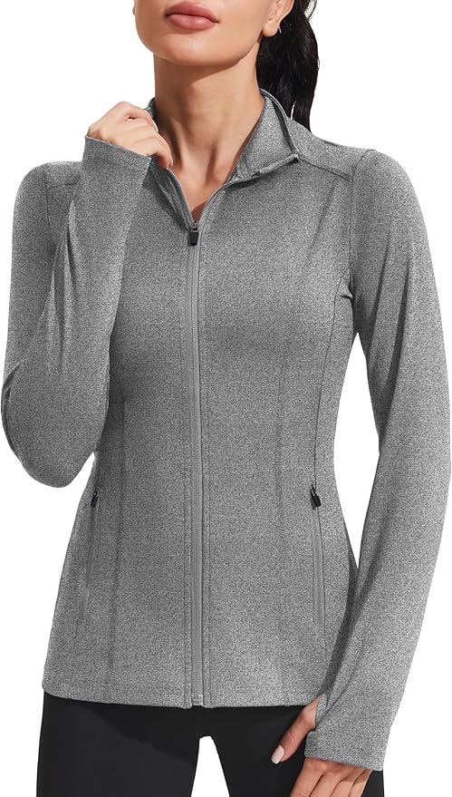 PINSPARK Women's Athletic Jackets Slim Fit Workout Jacket Full Zip Up Running Gym Yoga Sports Tops with Pockets