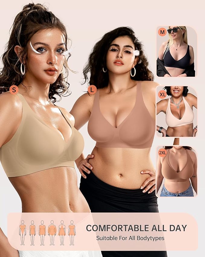 OEAK Womens Deep V Bras Wireless Comfortable Bra Supportive No Underwire Bras Tshirt Push Up Bralettes Plunge Seamless Bra
