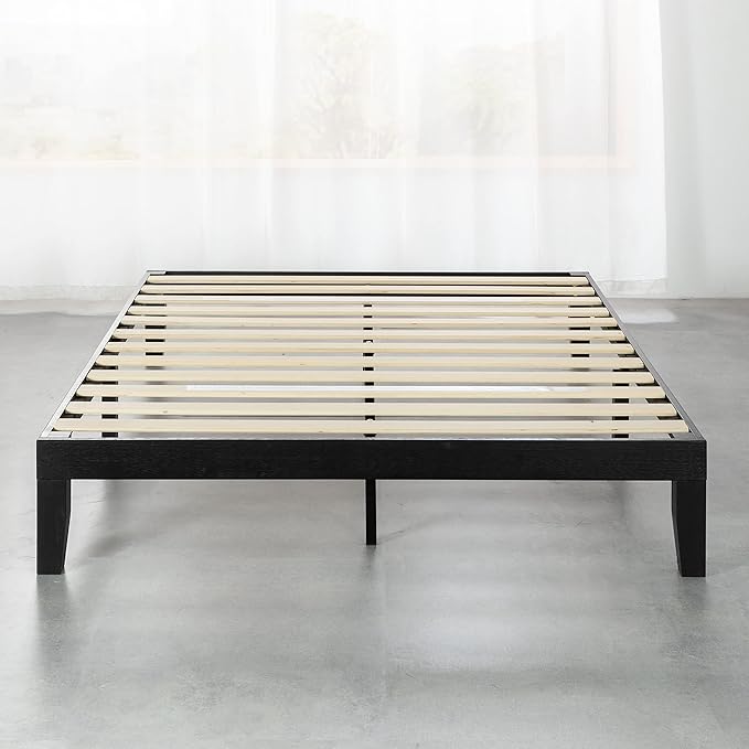 Mellow Naturalista Classic 12 Inch Solid Wood Platform Bed with Wooden Slats, Queen, Black