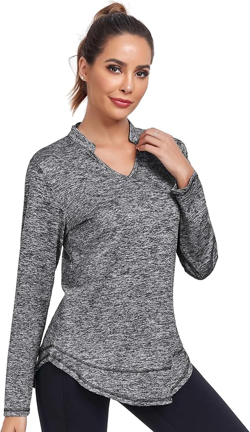 Absttith Women's Long Sleeve Workout Shirts Running Yoga Tops Athletic V Neck Sport Tee Side Split