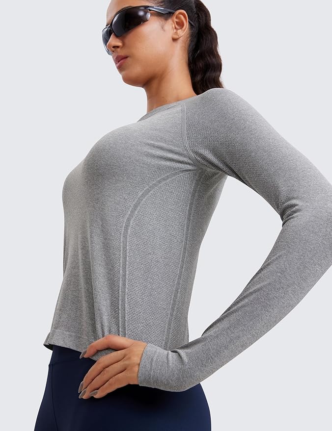 CRZ YOGA Seamless Long Sleeve Shirts for Women Waist Length - Workout Athletic Running Gym Yoga Tops Crewneck Breathable