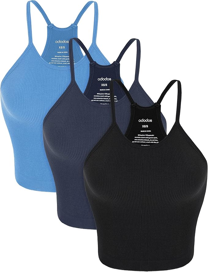 ODODOS Women's Crop 3-Pack Seamless Rib-Knit Camisole Crop Tank Tops
