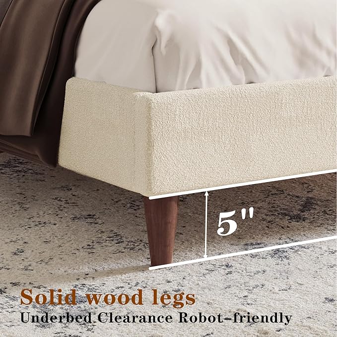 Upholstered Bed Frame Queen Size, 43" Tall Headboard Wingback Upholstered Platform Beds Bedframe for Kids Teens Adults Bedroom Strong Wood Slats Support No Box Spring Needed, Ivory Boucle