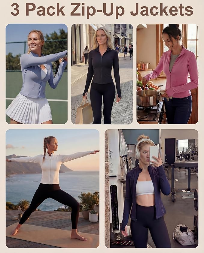 Shyyween 3 Pack Women's Workout Jacket Slim Fit Cropped Jacket Zip up Athletic Tops with Thumb Hole Running Gym Yoga