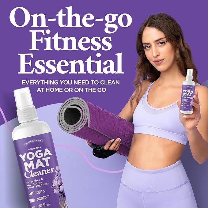 Durabasics Yoga Mat Cleaner Spray – Lavender Scent – 2 Pack (4 oz Each) with Microfiber Towel – Mat Spray Cleaner for Sweat & Odor – Quick-Dry, No Rinse Formula for Gear & Gym Equipment