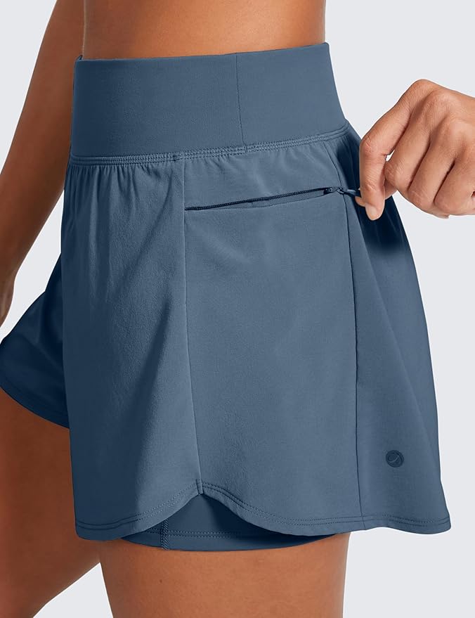 CRZ YOGA 2 in 1 Double Layer Running Shorts for Women 3" - High Waisted for Athletic Tennis Workout with Zip Pockets