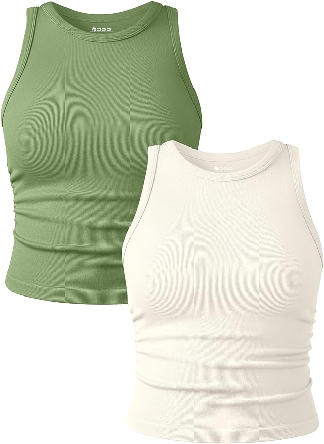 OQQ Women's 2 Piece Tank Tops Crew Neck Sleeveless Basic Stretch Casusal Yoga Crop Camis
