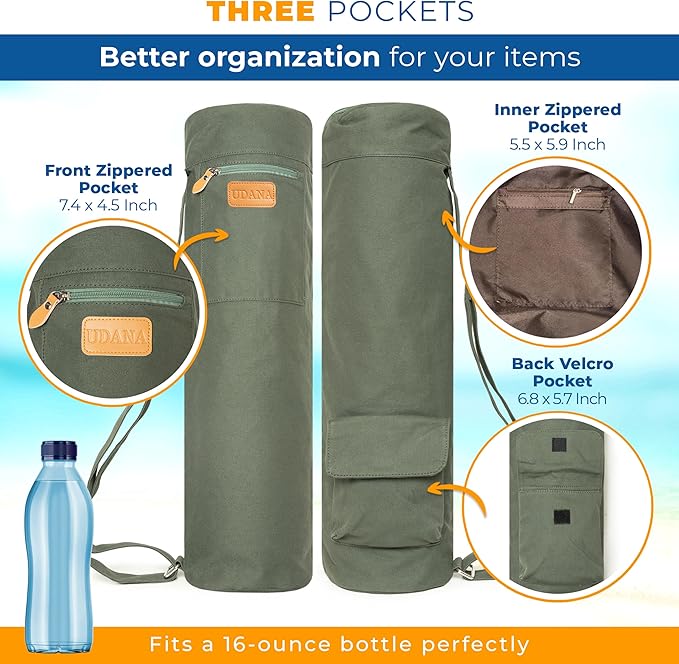 UDANA Yoga Mat Bag – Heavy Duty Canvas Carrier with 3 Pockets & Full Zip – Available in 3 Sizes (16L, 18L, 34L) - Multiple Colors