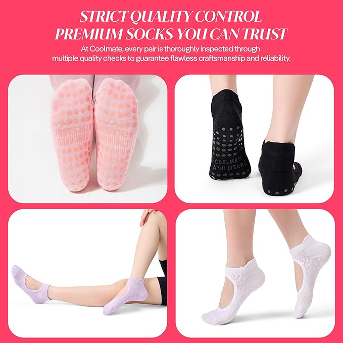 CoolMate Pilates Socks with Grips for Women, Yoga Socks, Crew Non Slip Women for Barre, Pilates Gifts for Women